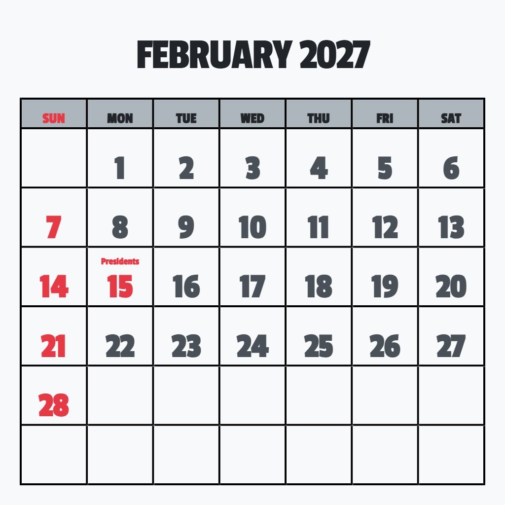Free Free February 2027 Calendar Printable Wallpaper PDF Download