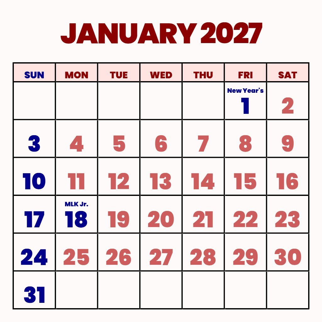 Free Free January 2027 Calendar Printable Notes PDF Download