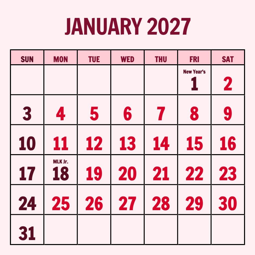 Editable Free January 2027 Calendar Printable Schedule PDF Download