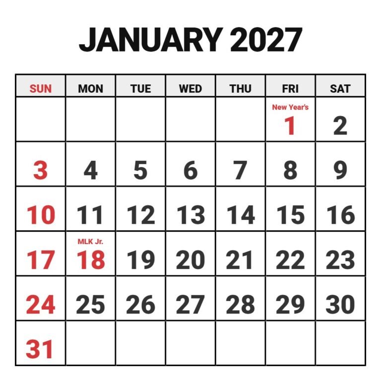 Free January 2027 Calendar Printable PDF Download