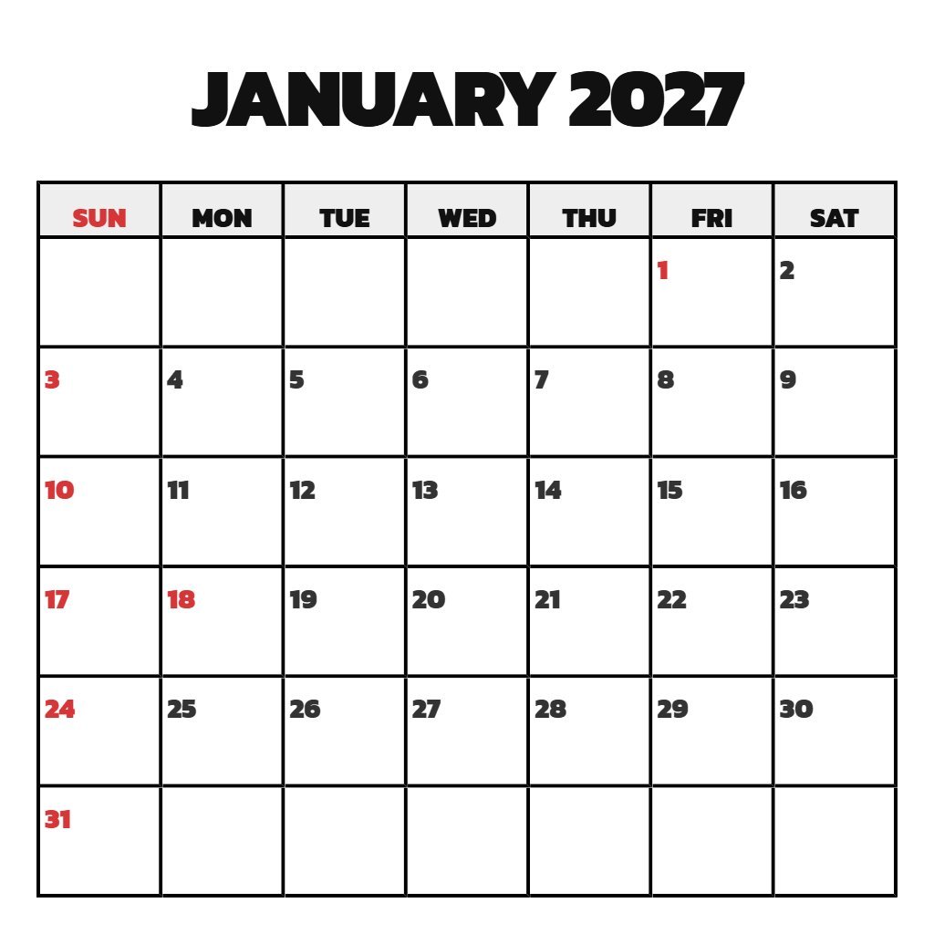Cute Free January 2027 Printable Calendar Schedule PDF Download