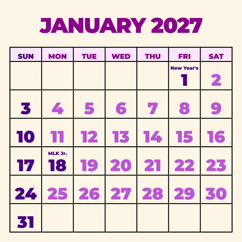 Free Free January 2027 Printable Calendar Schedule PDF Download