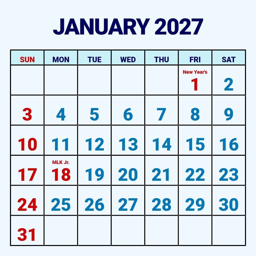 Custom Free January 2027 Printable Calendar Schedule PDF Download