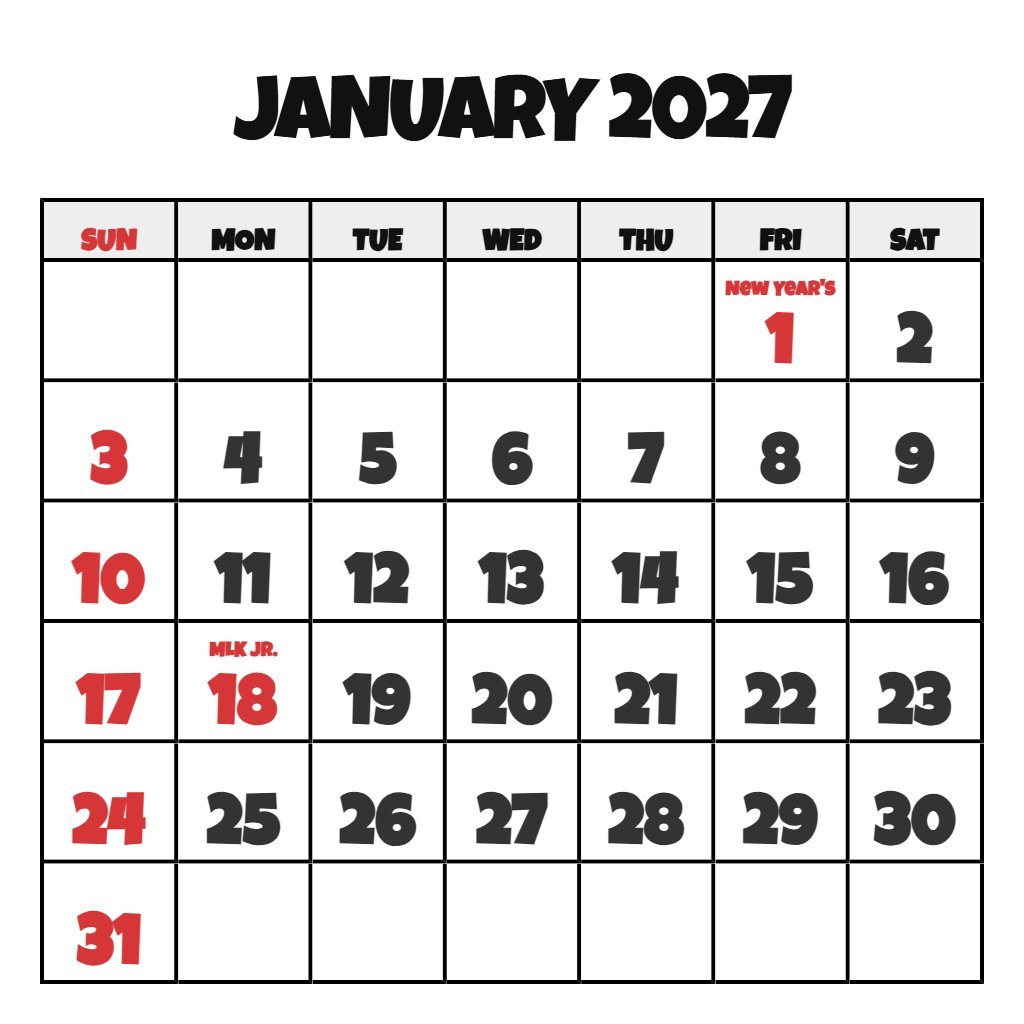 Free January 2027 Printable Calendar PDF Download