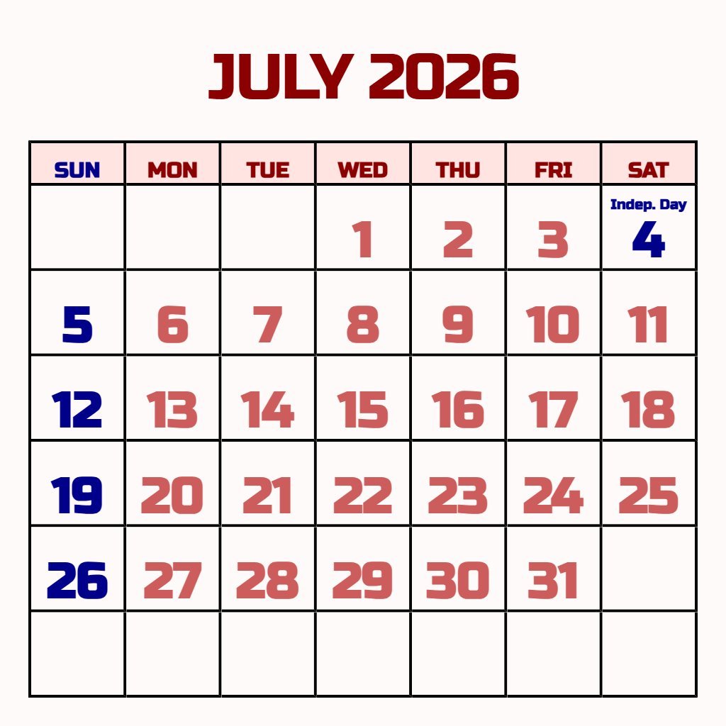 Custom Free July 2026 Calendar Printable Schedule PDF Download