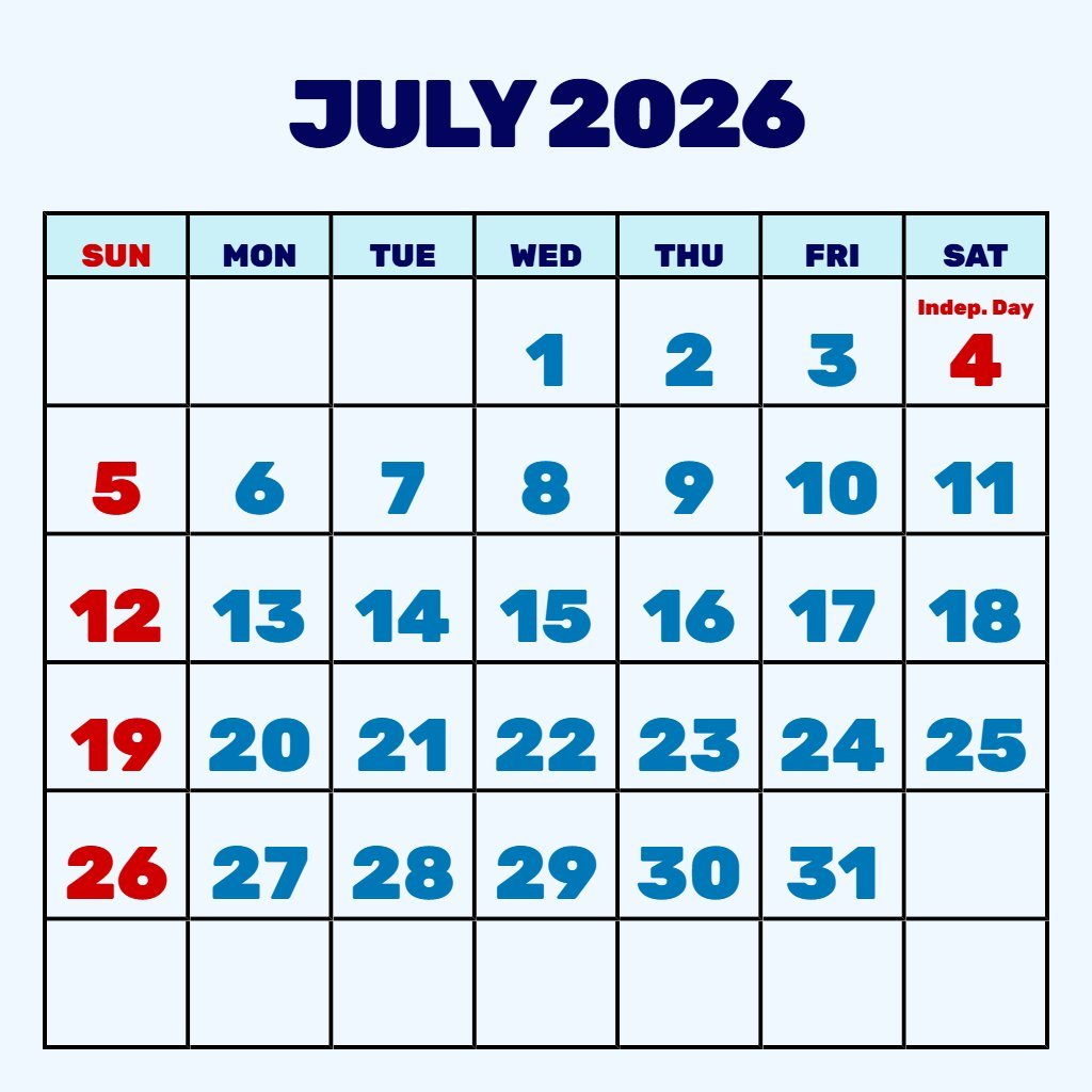 Free Free July 2026 Calendar Printable Notes PDF Download