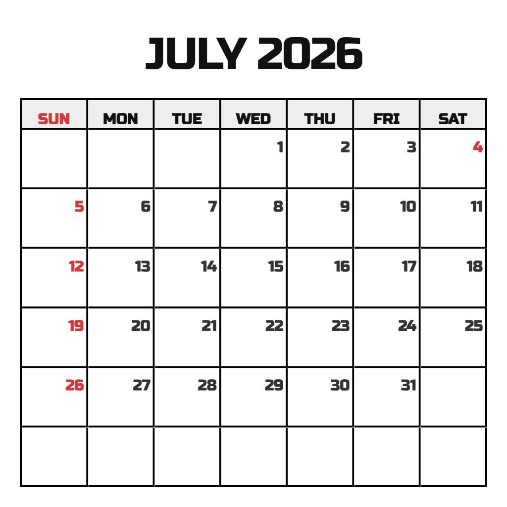 Editable Free July Calendar 2026 Printable Schedule PDF Download