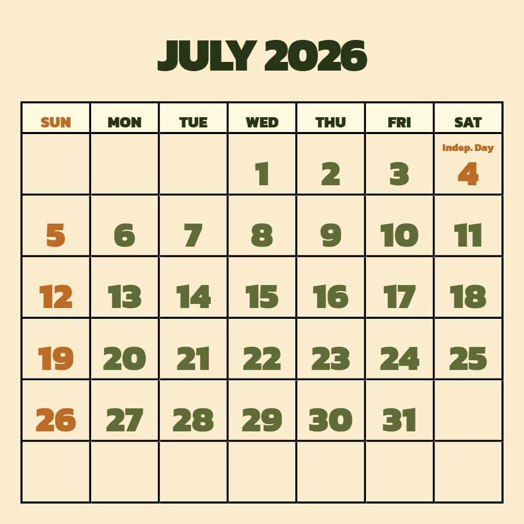 Editable Free July Calendar 2026 Printable Planning PDF Download