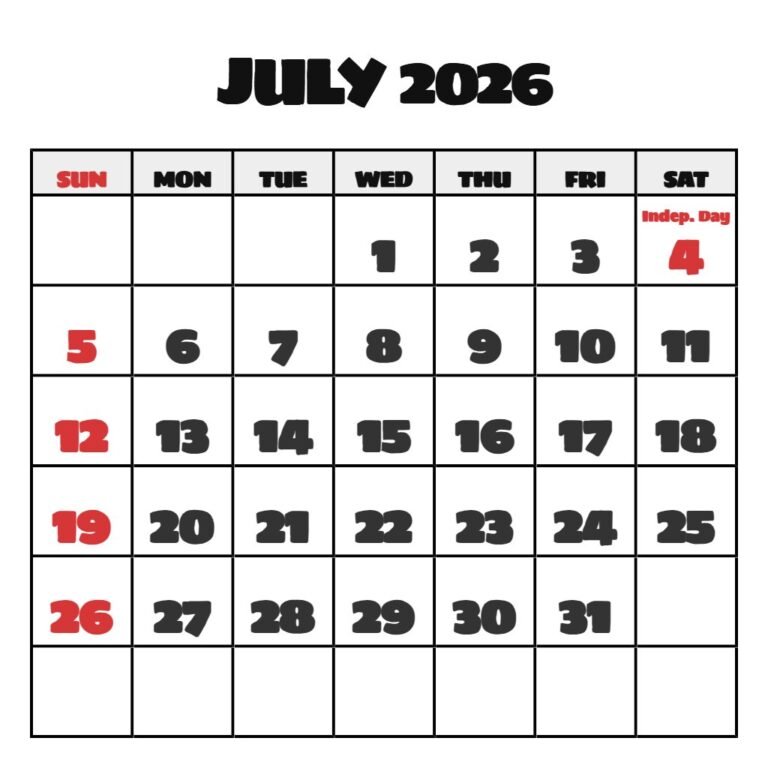 Free July Calendar 2026 Printable PDF Download