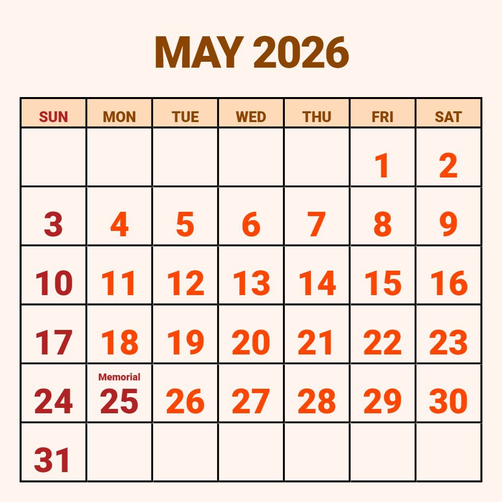 Free Free May 2026 Calendar Printable Schedule PDF Download