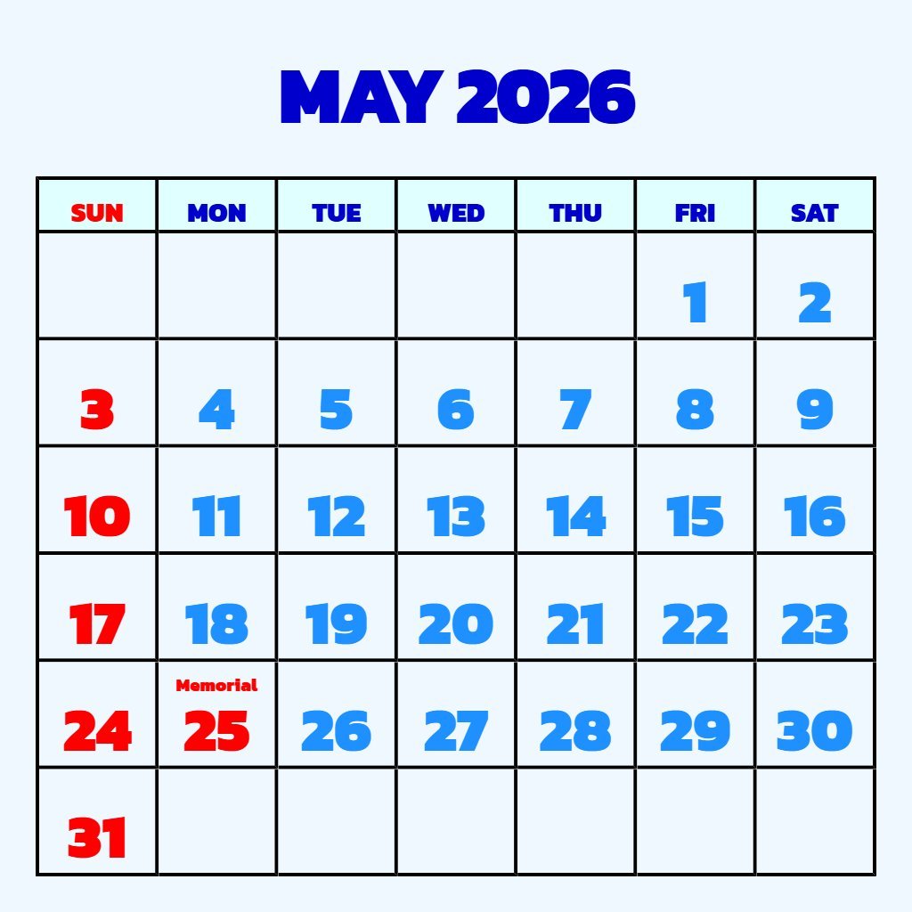 Cute Free May Calendar 2026 Printable Schedule PDF Download Cute Free May Calendar 2026 Printable Schedule PDF Download