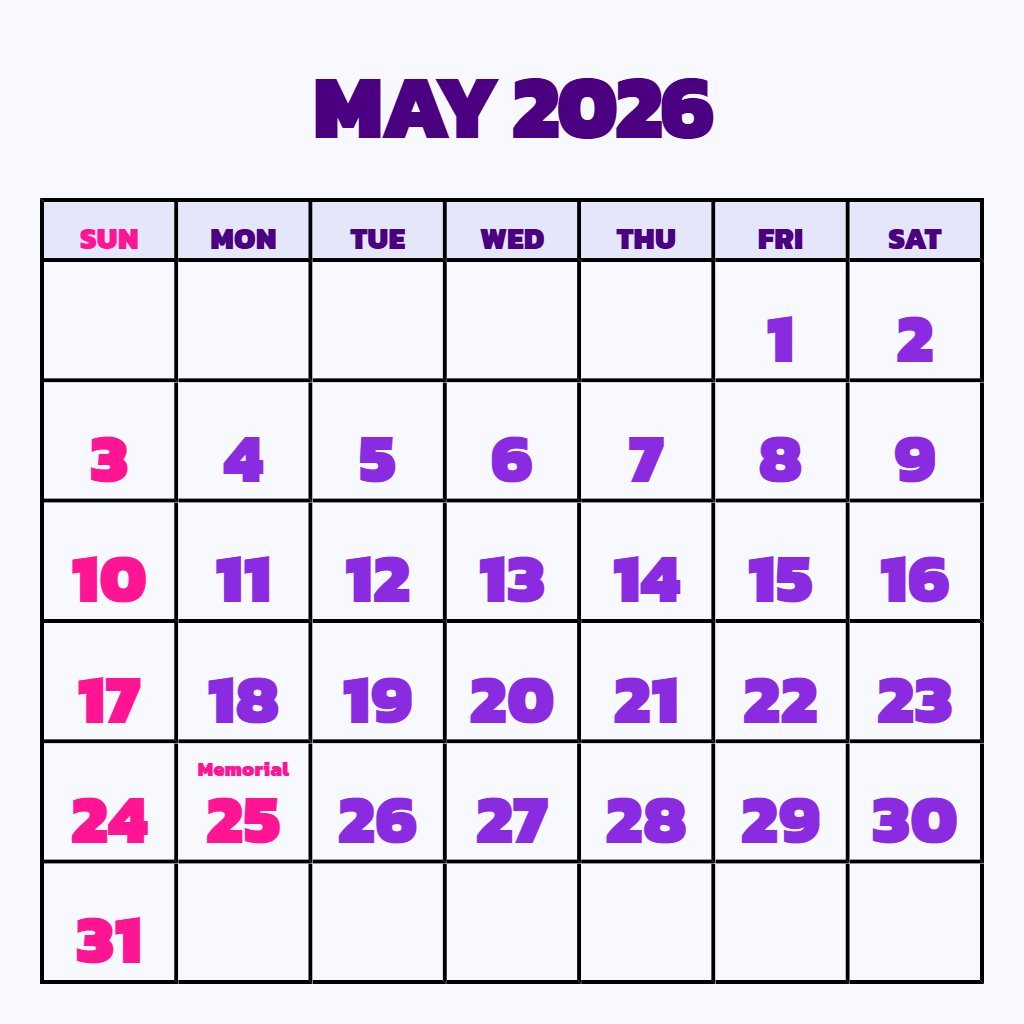 Cute Free May Printable Calendar 2026 Schedule PDF Download