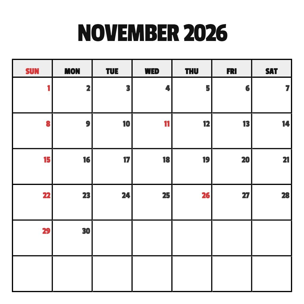 Free Free November 2026 Calendar Printable Notes PDF Download