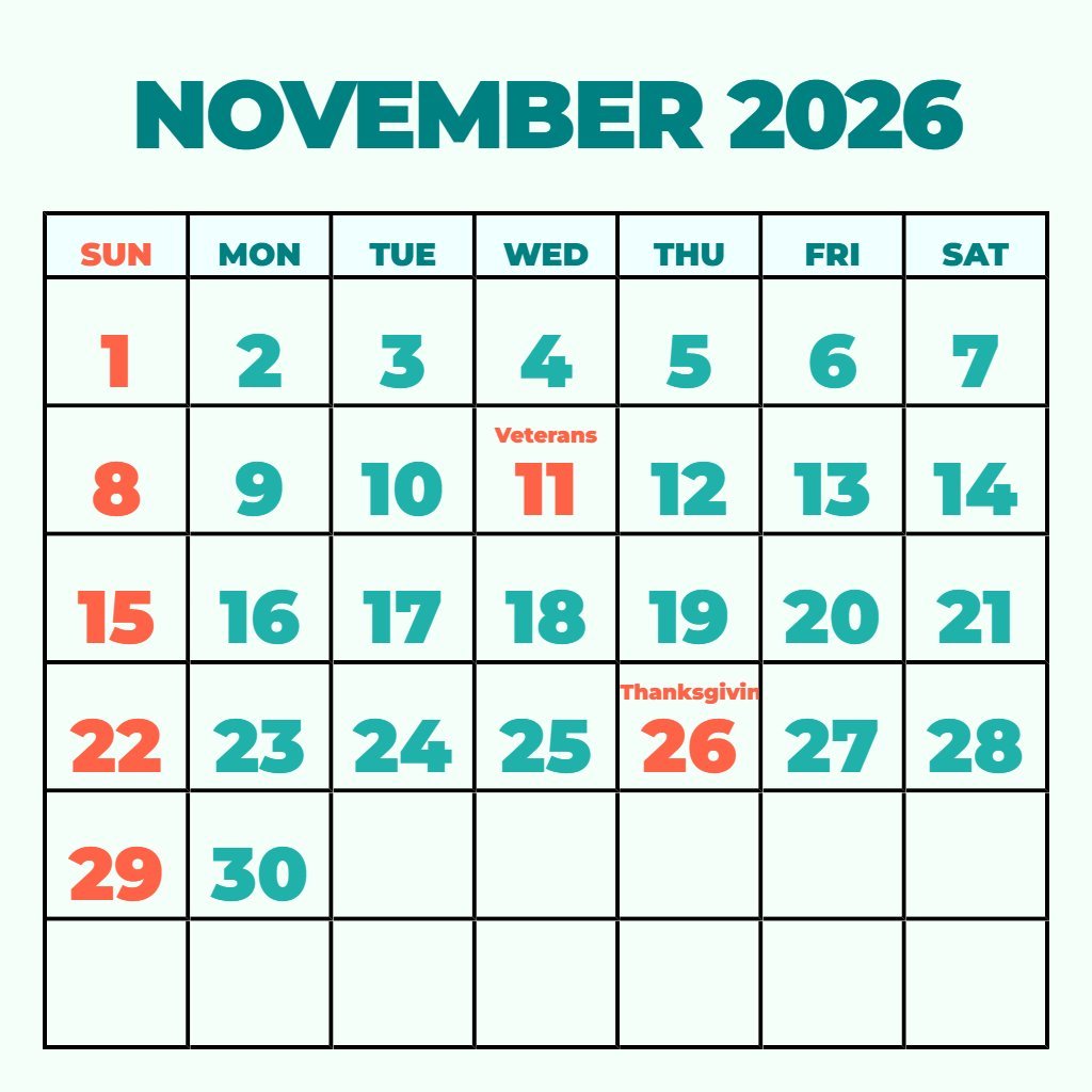 Free Free November 2026 Calendar Printable Wallpaper PDF Download
