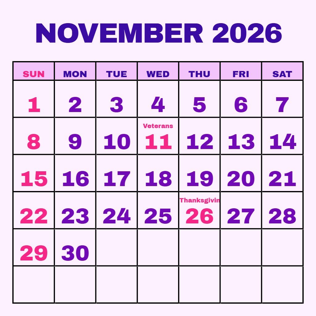 Editable Free November 2026 Calendar Printable Schedule PDF Download