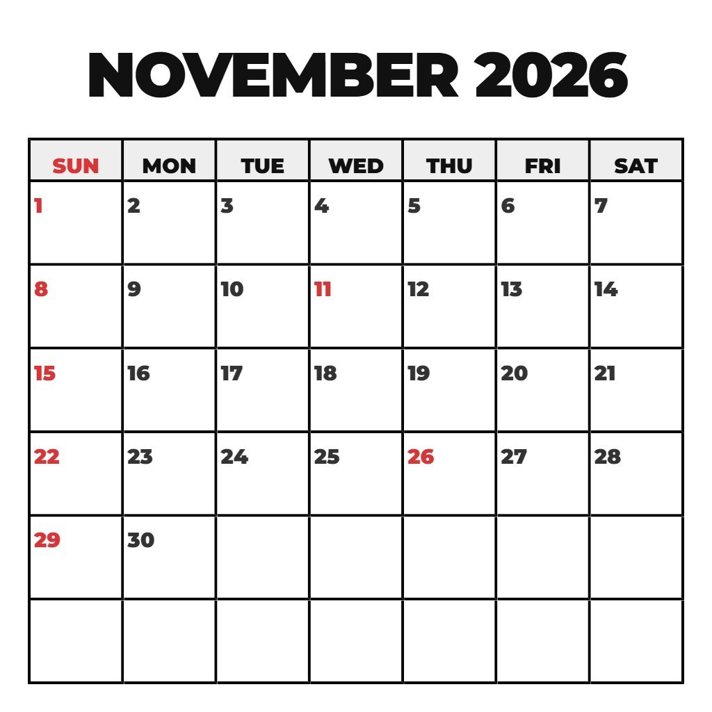 Custom Free November 2026 Printable Calendar Notes PDF Download