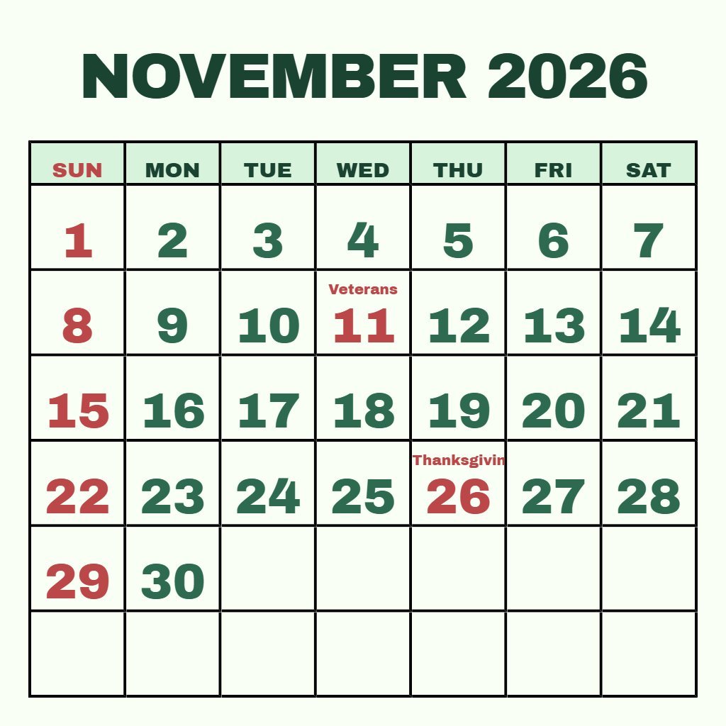 Free Free November 2026 Printable Calendar Notes PDF Download