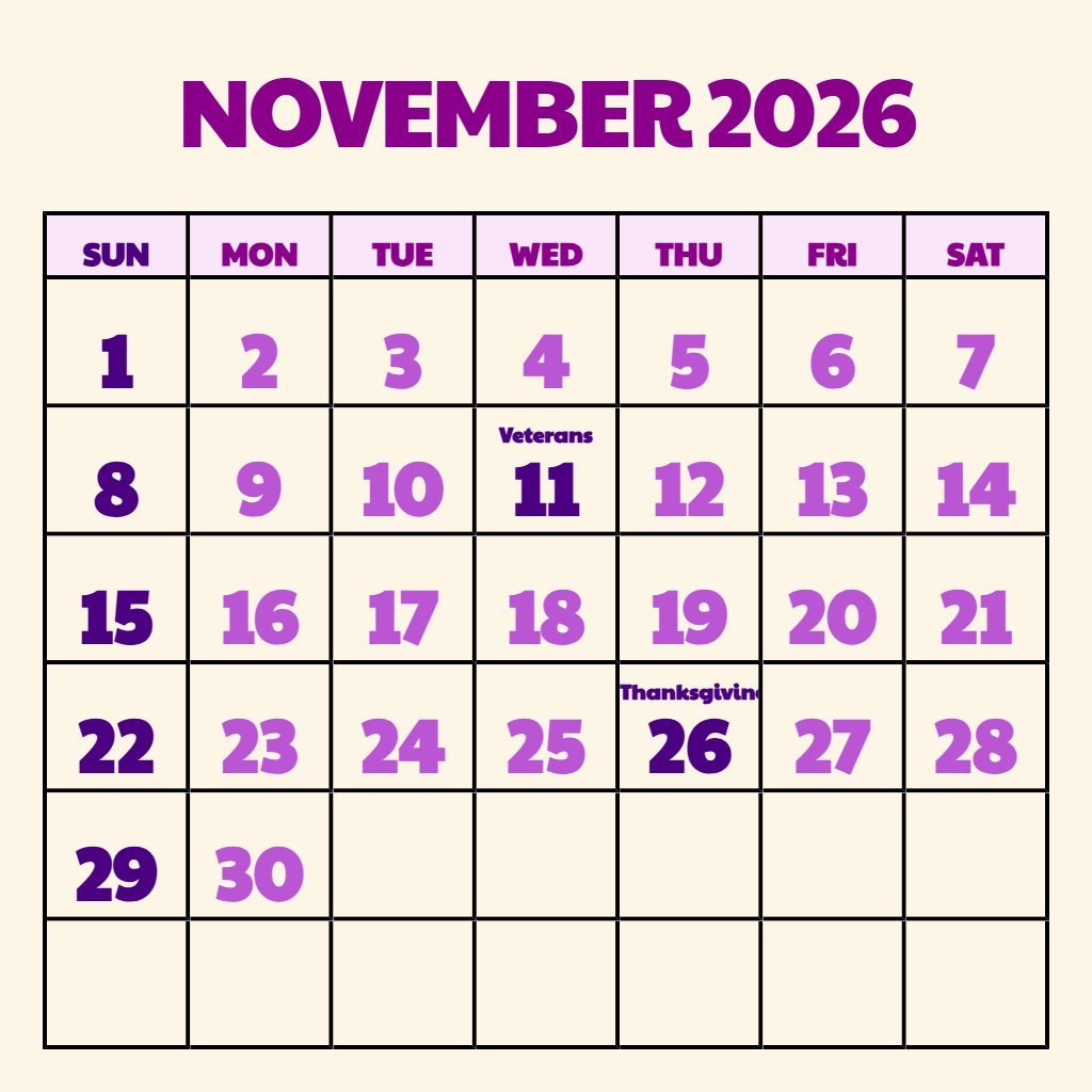Free Free November 2026 Printable Calendar Notes PDF Download