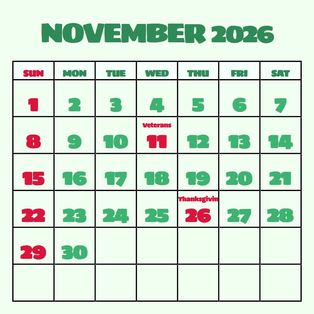 Cute Free November Calendar 2026 Printable Schedule PDF Download