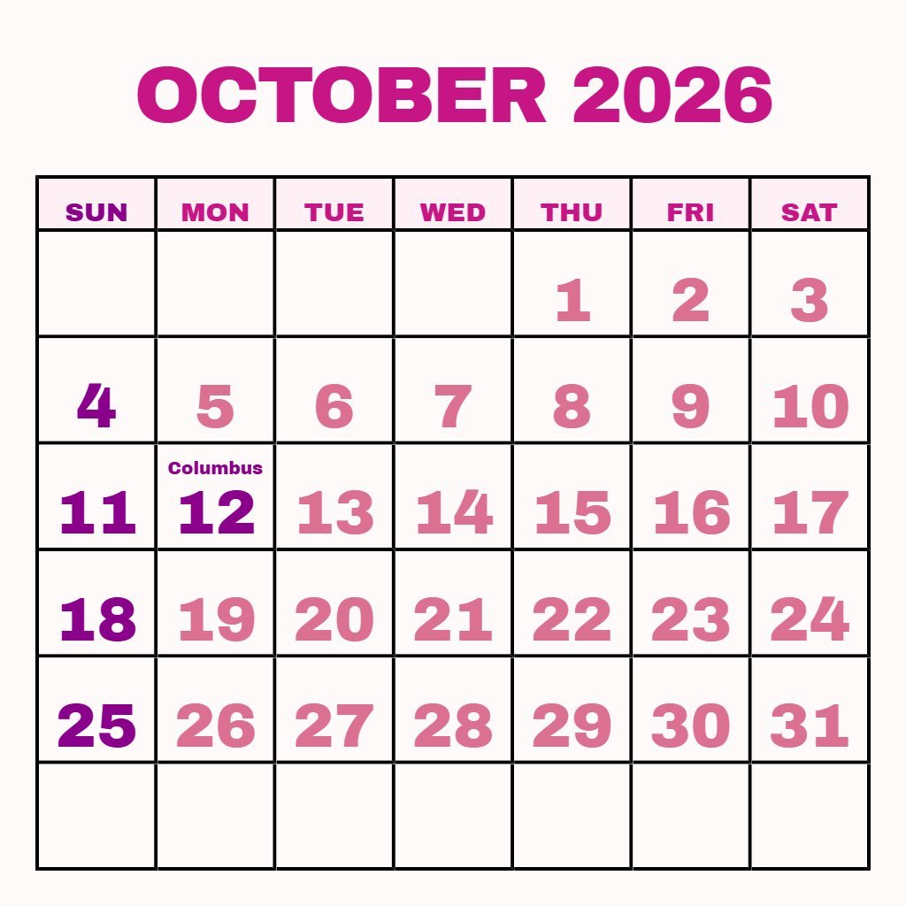 Custom Free October 2026 Printable Calendar Schedule PDF Download