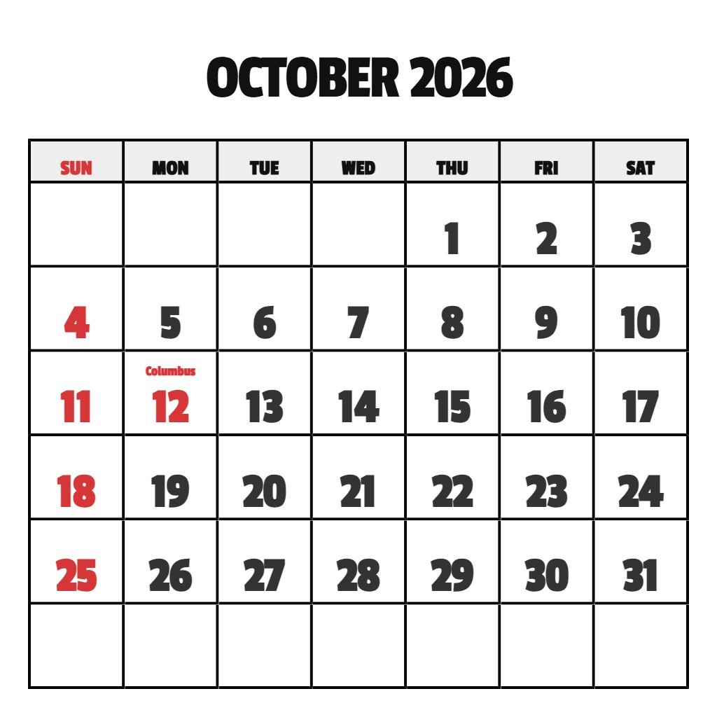 Free October 2026 Printable Calendar PDF Download