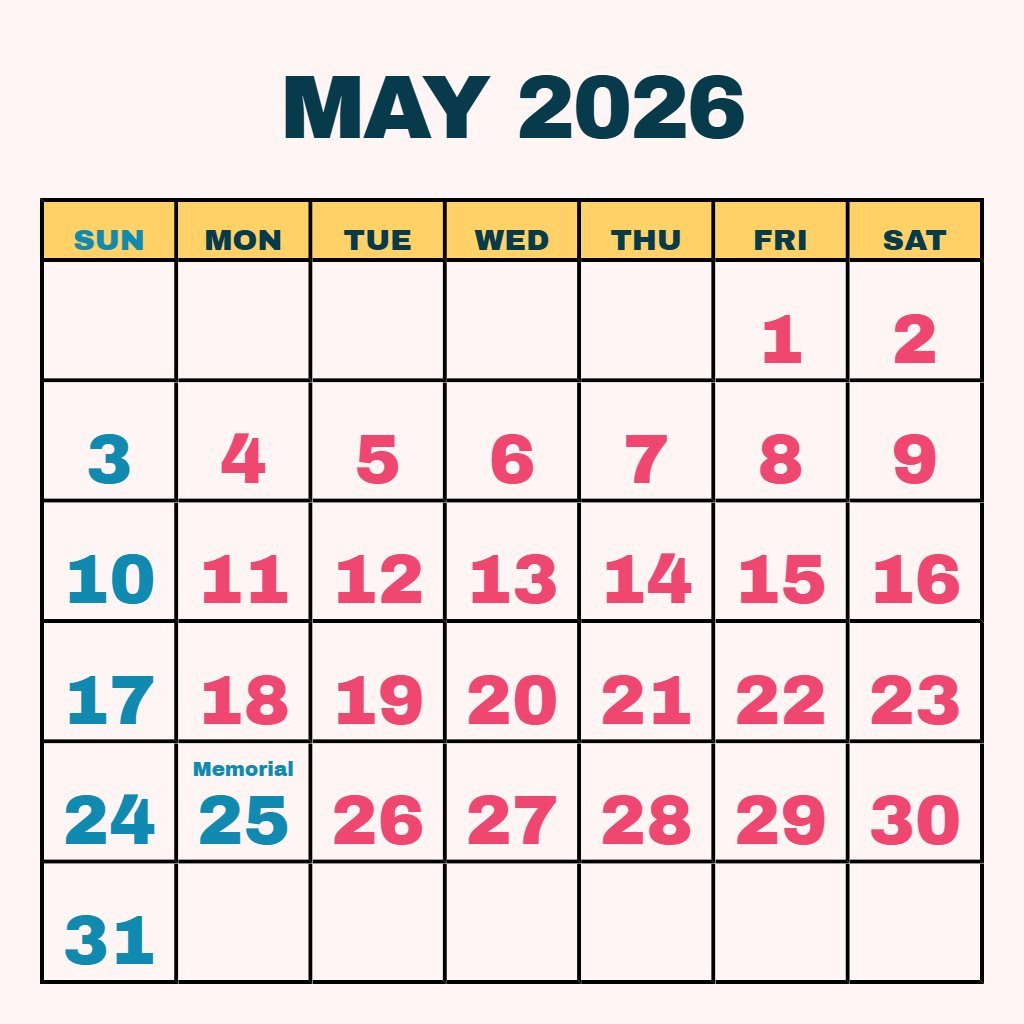 Custom Free Printable 2026 May Calendar Planning PDF Download