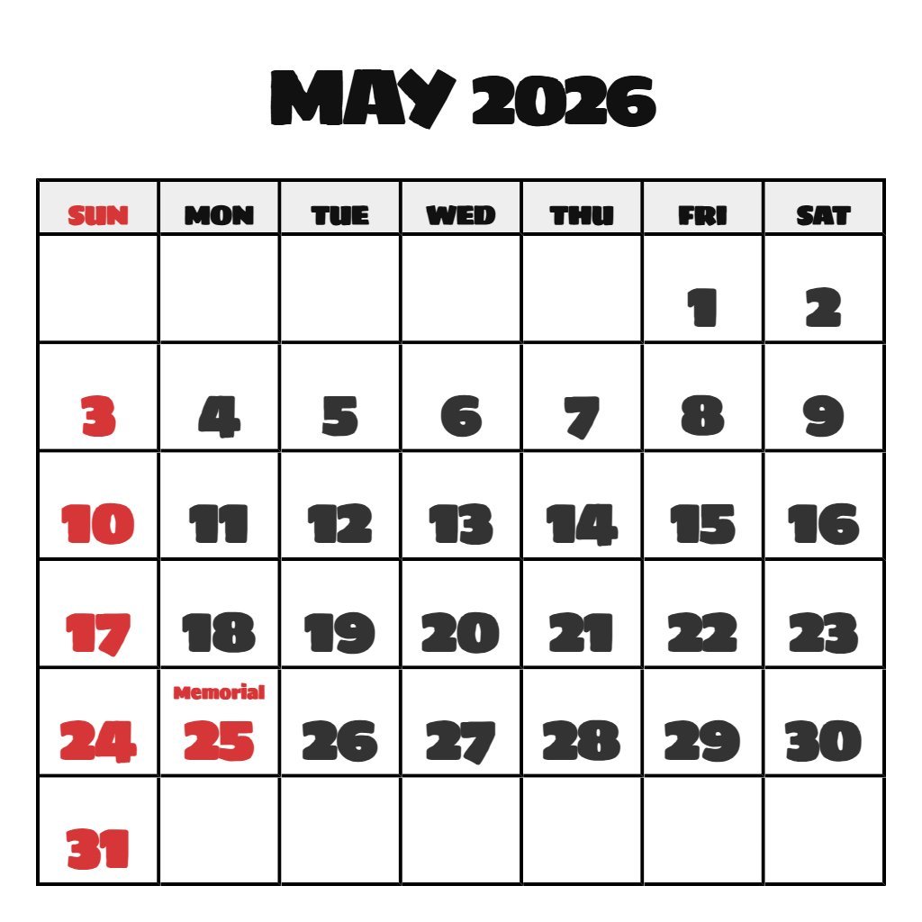 Free Printable 2026 May Calendar PDF Download
