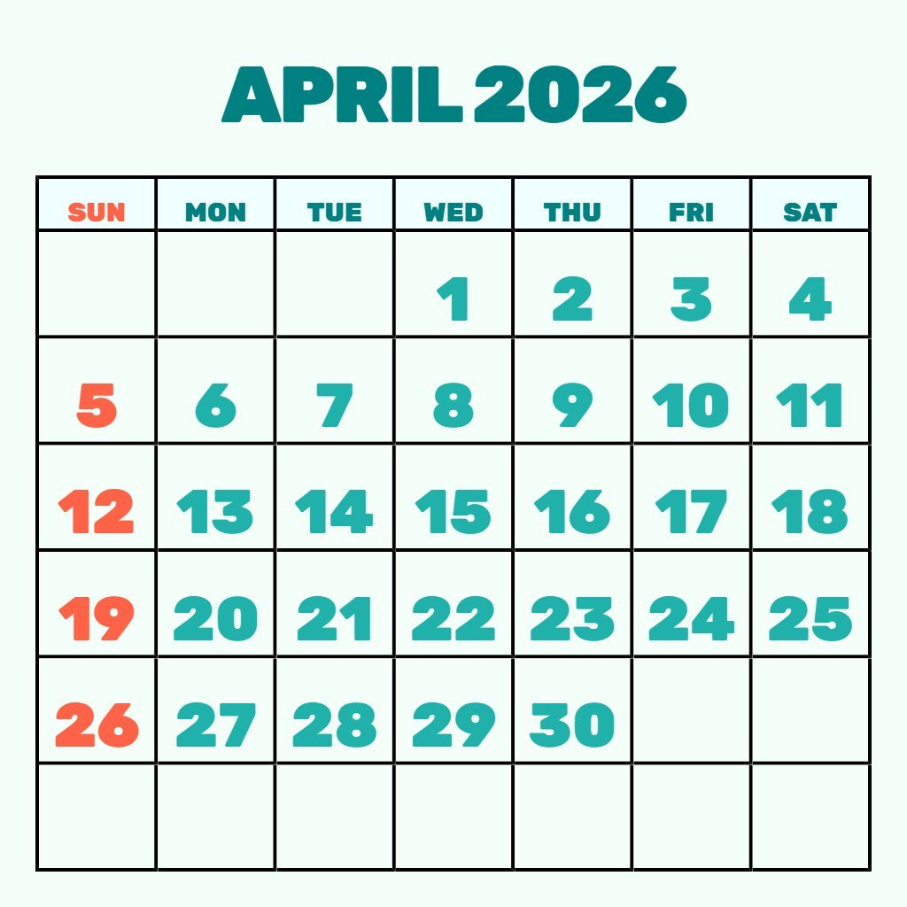 Free Free Printable April 2026 Calendar Schedule PDF Download