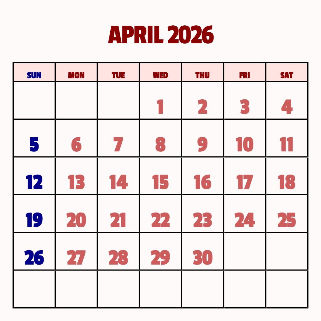 Cute Free Printable April 2026 Calendar Notes PDF Download