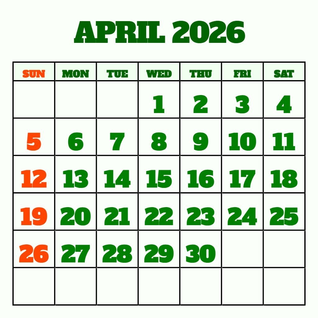 Free Free Printable April 2026 Calendar With Holidays Notes PDF Download