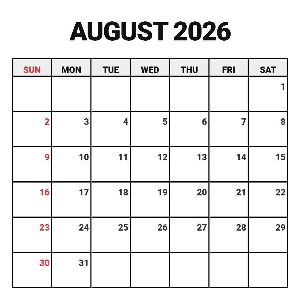 Editable Free Printable August 2026 Calendar Notes PDF Download