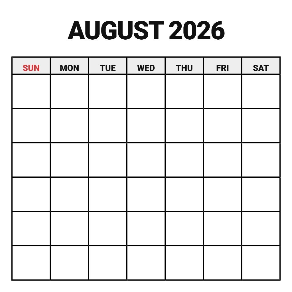 Free Printable August 2026 Calendar Blank PDF Download