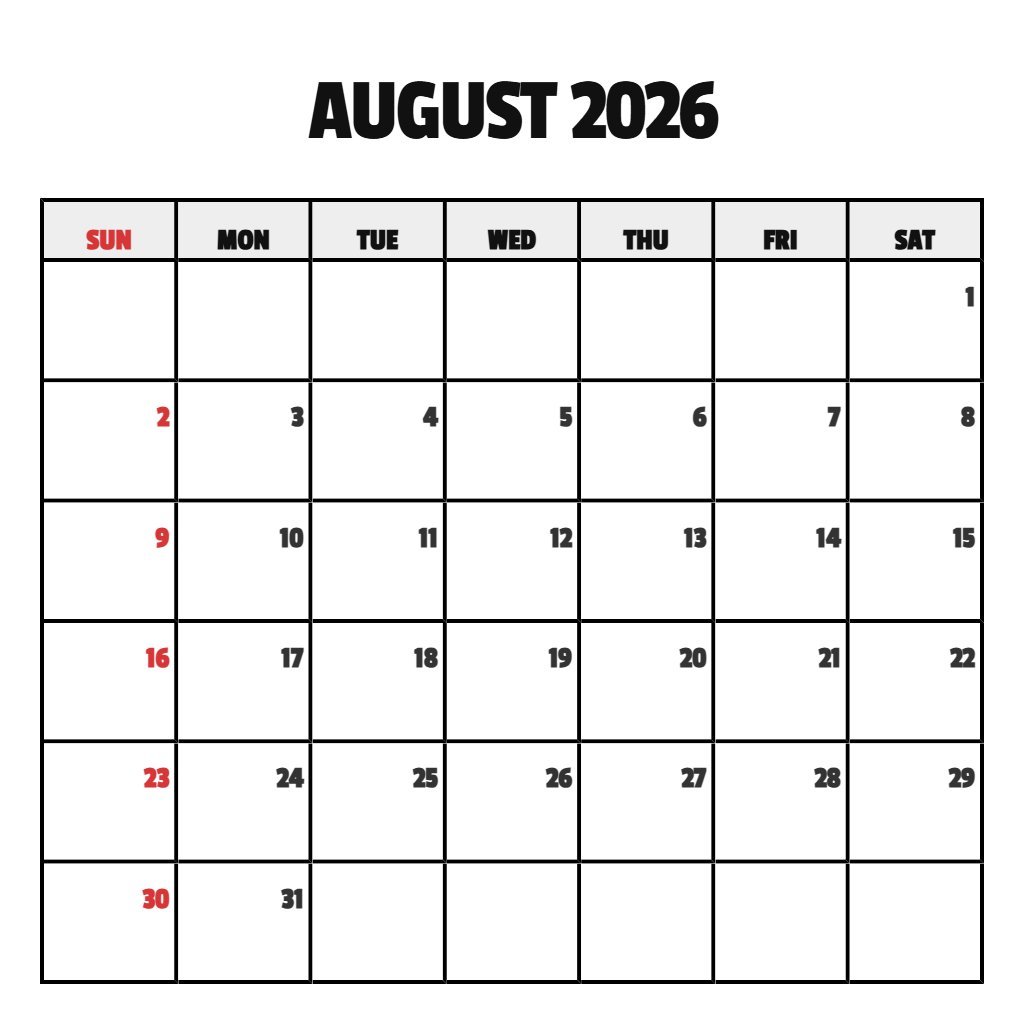Free Free Printable August Calendar 2026 Notes PDF Download