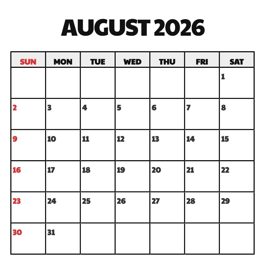 Cute Free Printable August Calendar 2026 Notes PDF Download