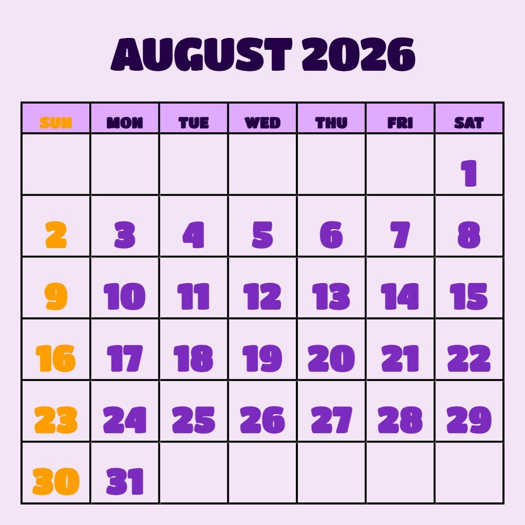 Custom Free Printable August Calendar 2026 Notes PDF Download
