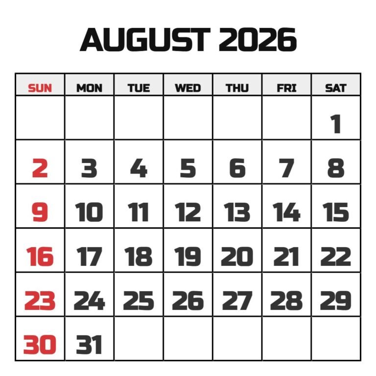 Free Printable August Calendar 2026 PDF Download