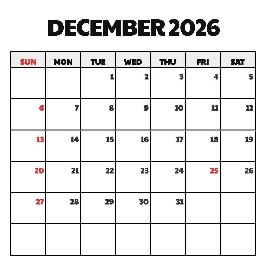 Editable Free Printable Calendar 2026 December Notes PDF Download