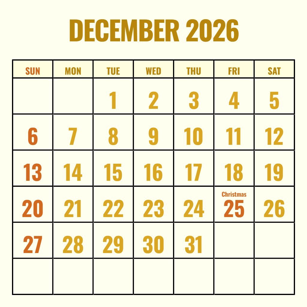 Cute Free Printable Calendar 2026 December Planning PDF Download