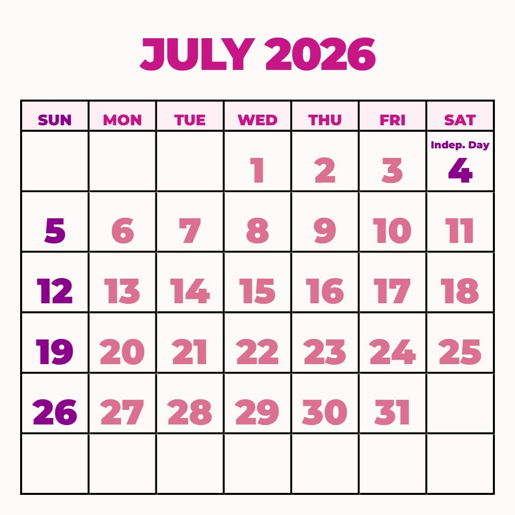 Editable Free Printable Calendar 2026 July Notes PDF Download