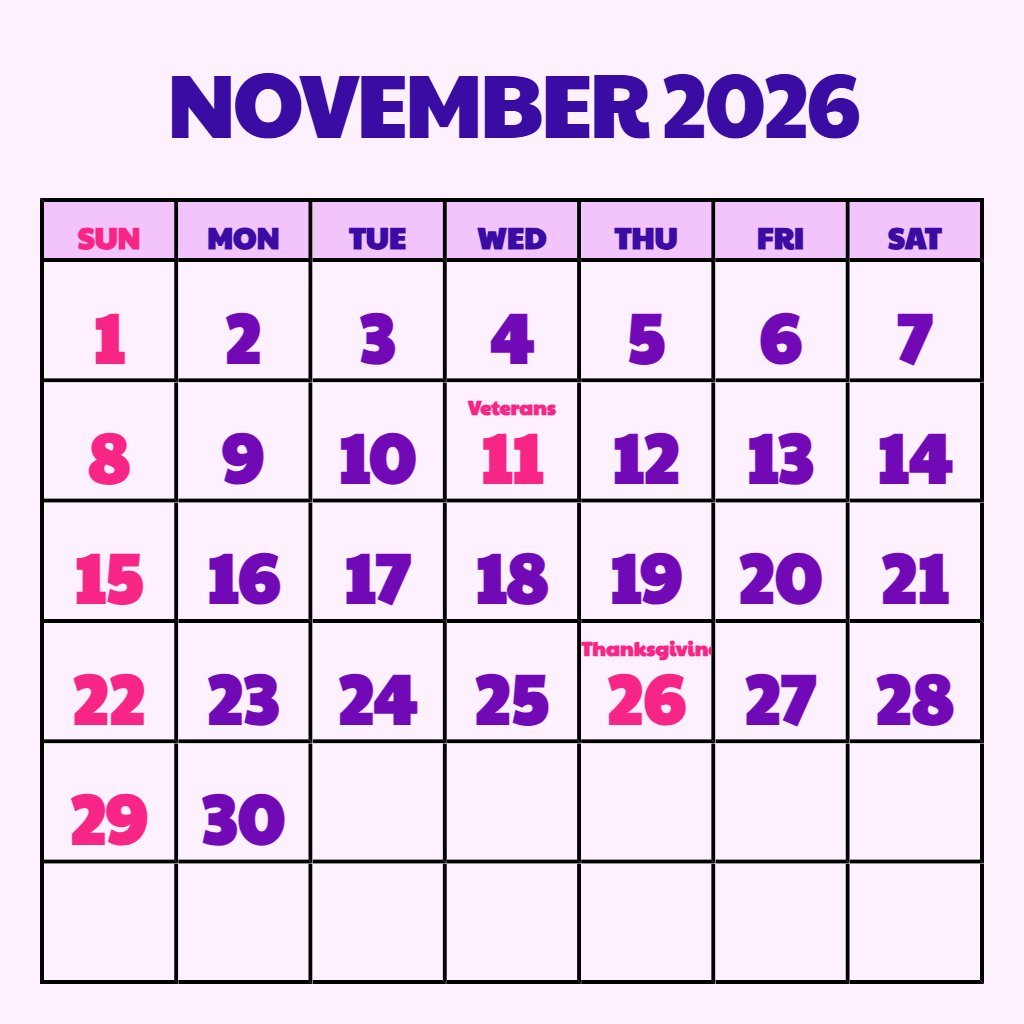 Cute Free Printable Calendar 2026 November Planning PDF Download