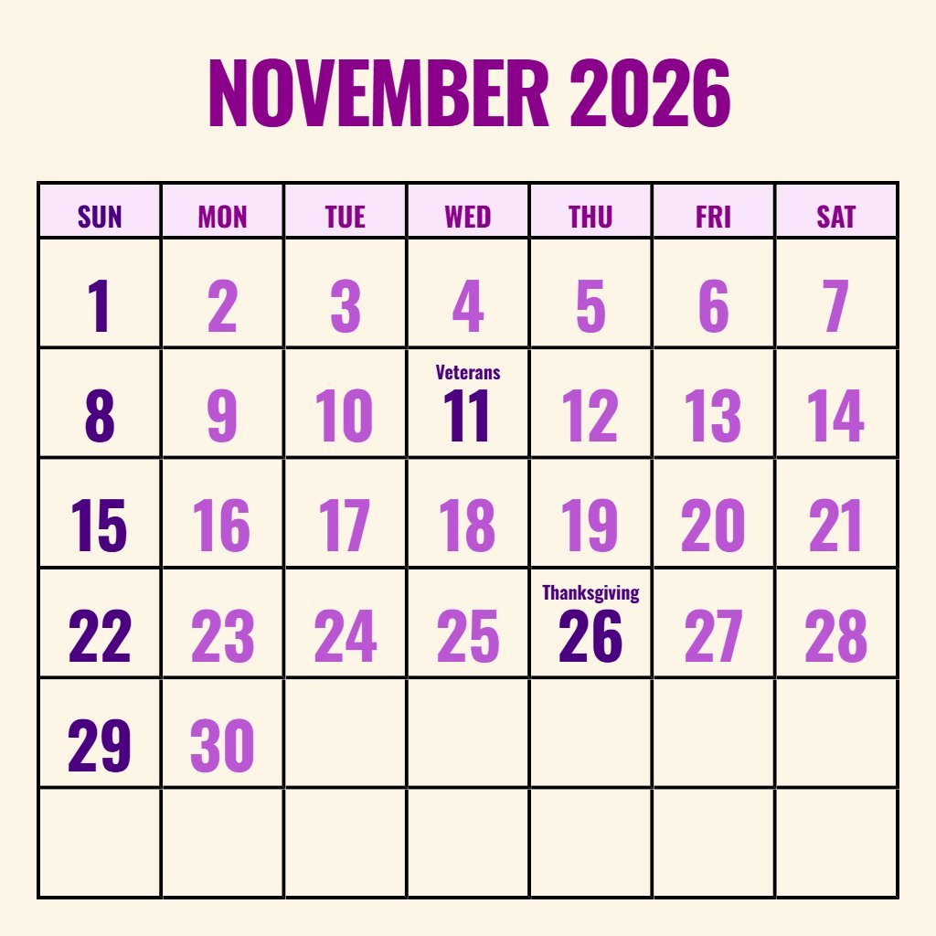 Custom Free Printable Calendar 2026 November Wallpaper PDF Download