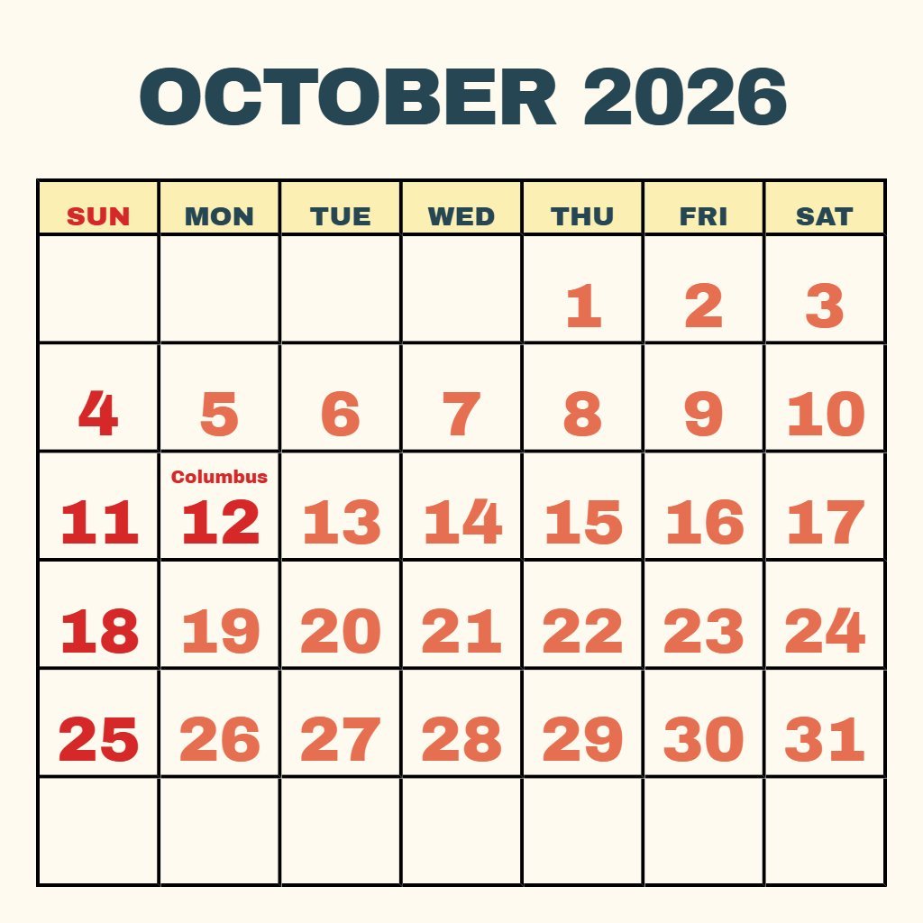 Free Free Printable Calendar 2026 October Notes PDF Download