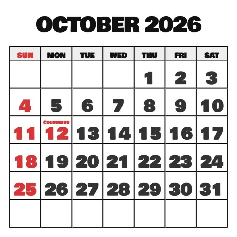 Free Printable Calendar 2026 October PDF Download