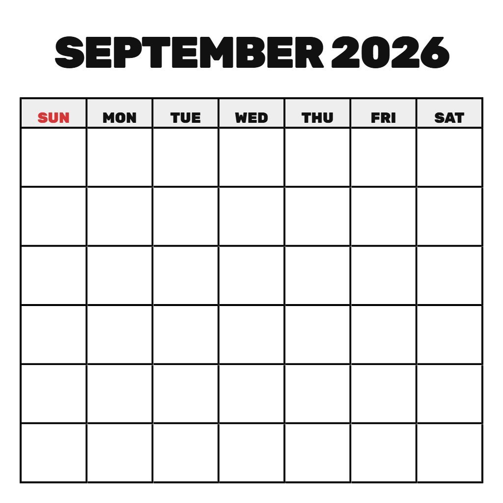 Free Printable Calendar 2026 September Blank PDF Download