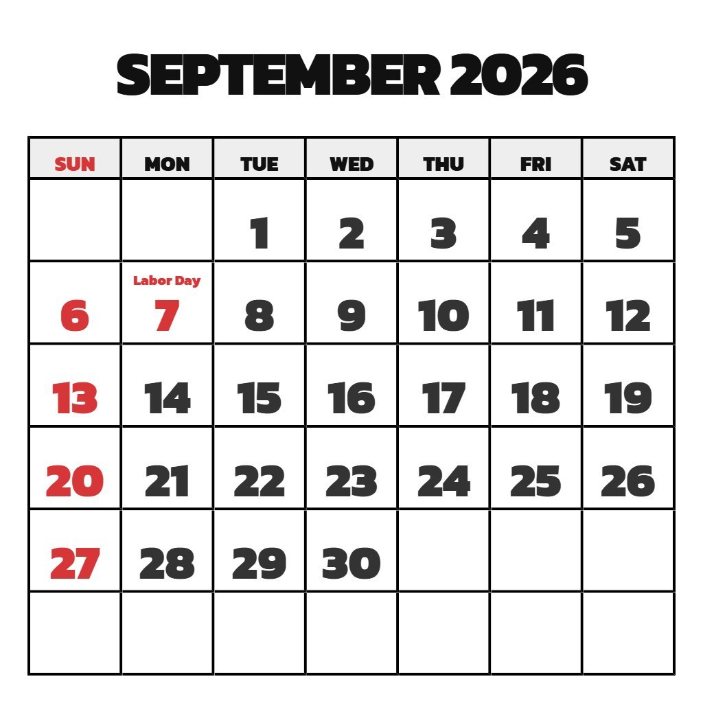 Free Printable Calendar 2026 September PDF Download