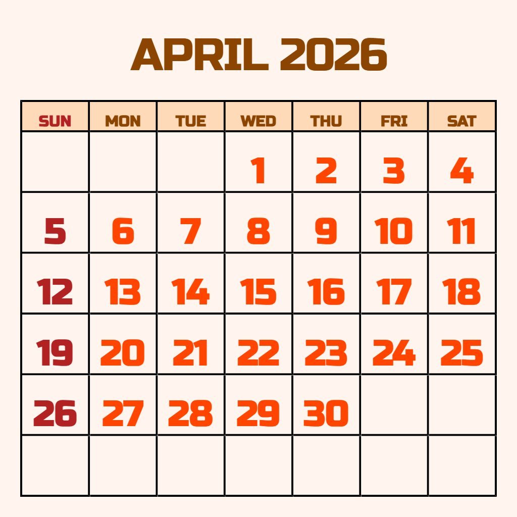 Custom Free Printable Calendar April 2026 Schedule PDF Download