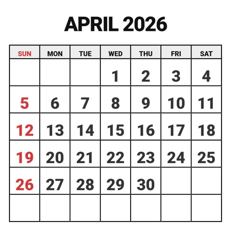 Free Printable Calendar April 2026 PDF Download