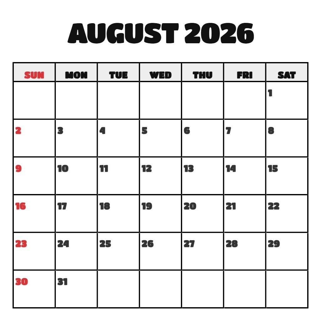Free Free Printable Calendar August 2026 Notes PDF Download