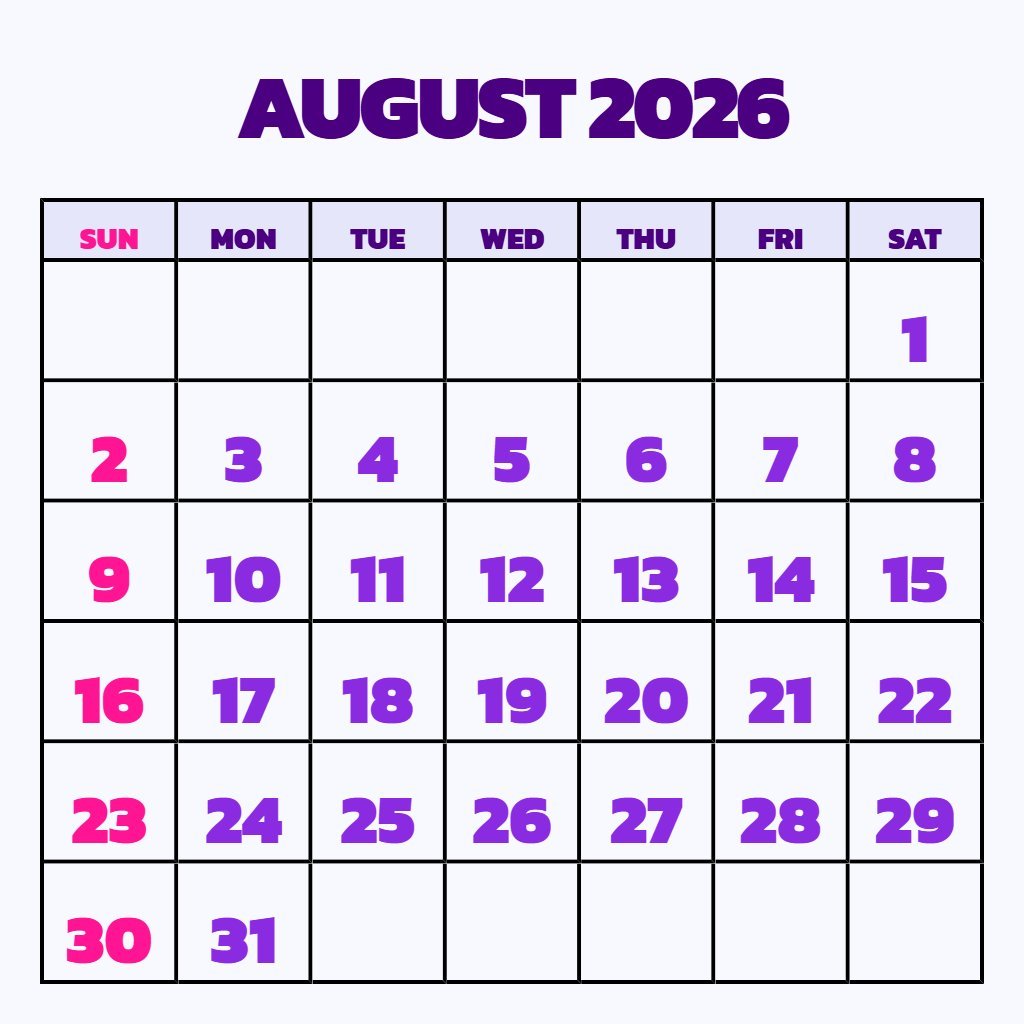 Custom Free Printable Calendar August 2026 Planning PDF Download