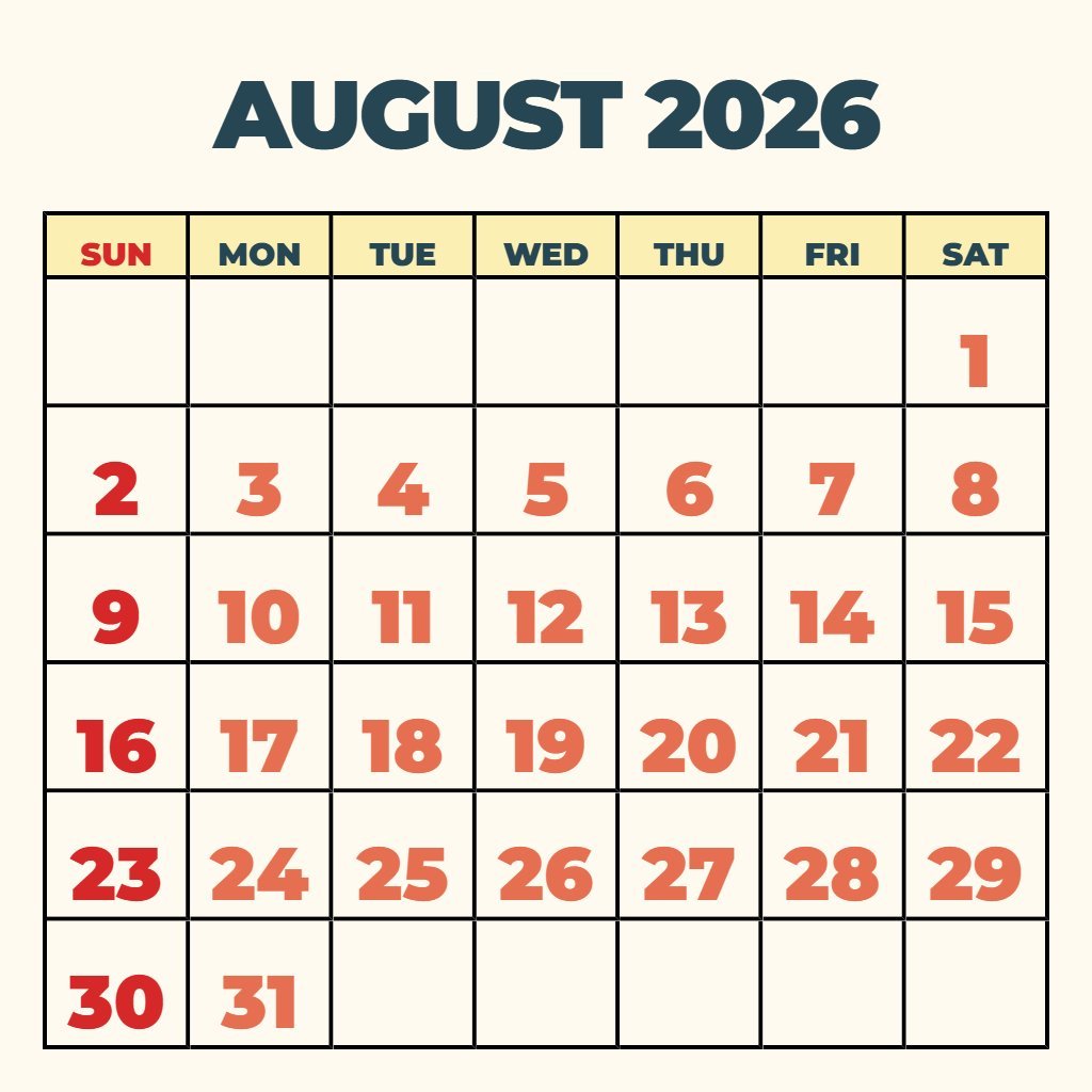 Custom Free Printable Calendar August 2026 Wallpaper PDF Download